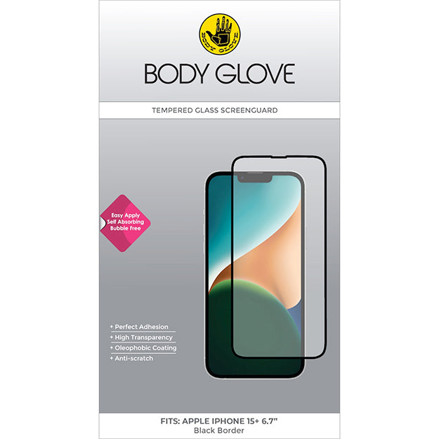 Body Glove iPhone 15 PLUS Tempered Glass Screen Protector - Clear With Black Border