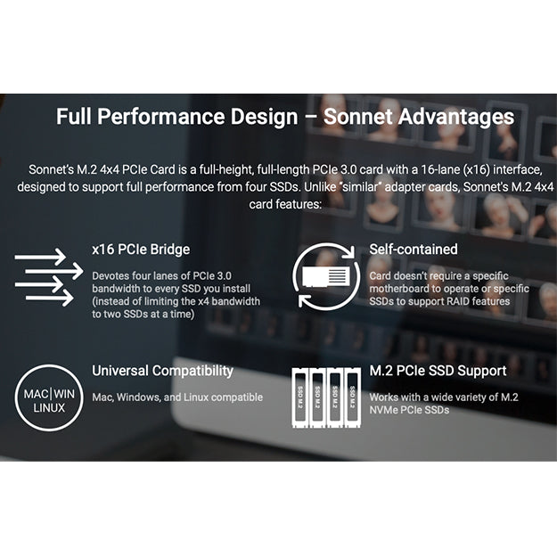 Sonnet M.2 4x4 Silent PCIe Card (Four M.2 NVMe SSD slots, Add Your Own SSDs up to 32TB)