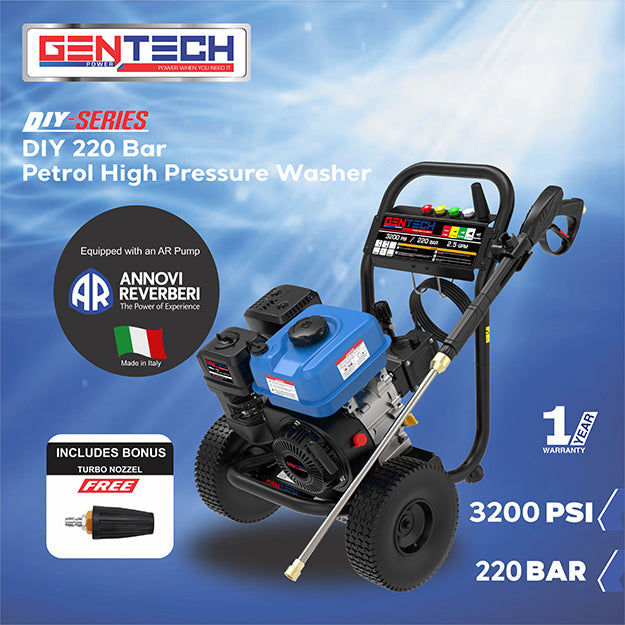 Gentech 220 BAR / 3200 PSI DIY Petrol High Pressure Washer - Blue