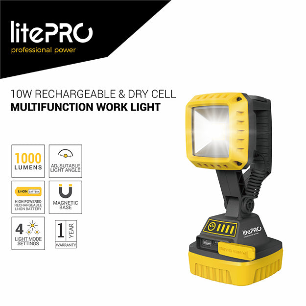 LitePro 10W Rechargeable And Dry Cell Multifunction Work Light 1000 Lumens - Black