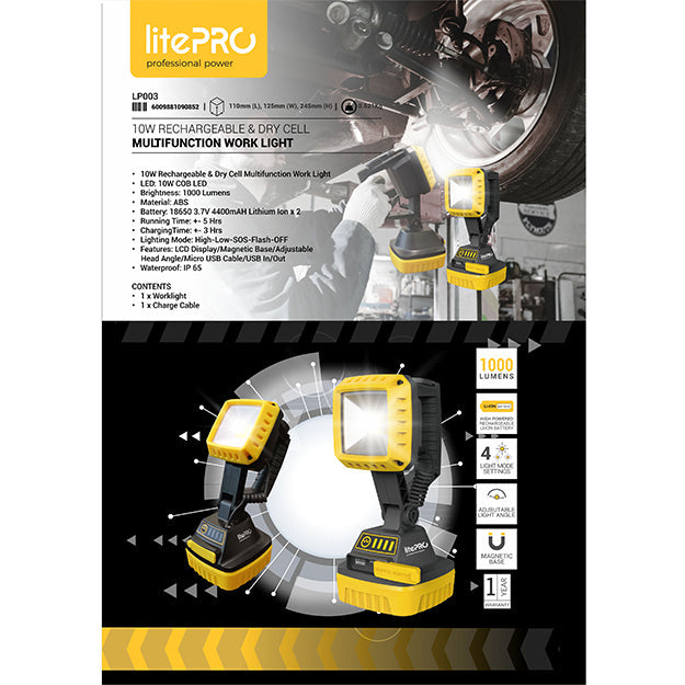 LitePro 10W Rechargeable And Dry Cell Multifunction Work Light 1000 Lumens - Black