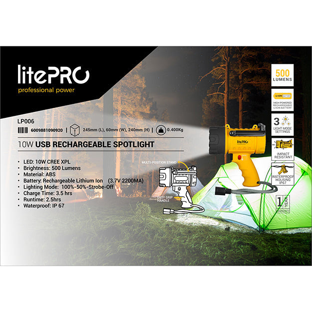 LitePro 10-Watt USB Rechargeable Spot Light 500 Lumens - Black