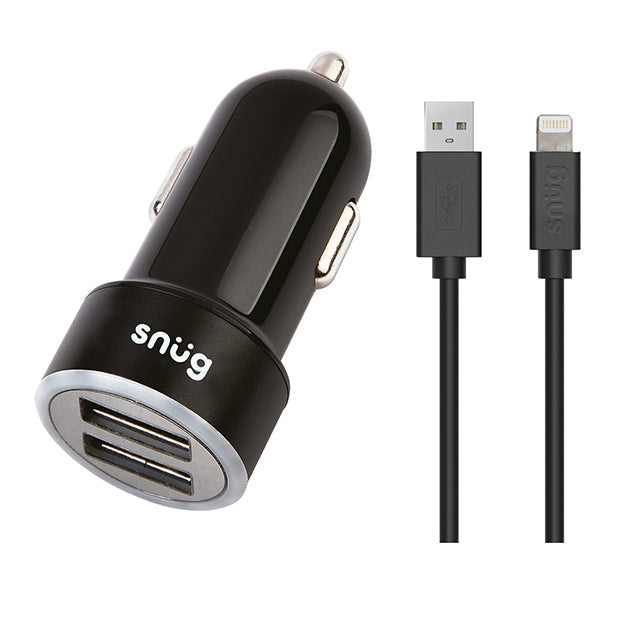 Snug Car Juice Dual USB Port Car Charger With Lightning Cable 3.4A - Black