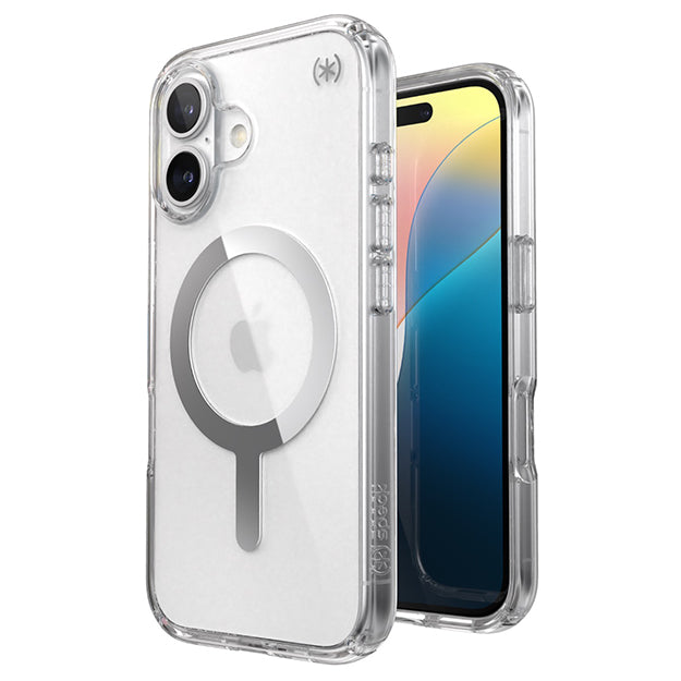 Speck Presidio Perfect Clear MagSafe Case For iPhone 16 – Clear & Chrome